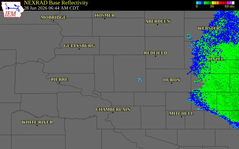NEXRAD radar during the Sunday, June 28, 2026 storm activity in Hand County, South Dakota