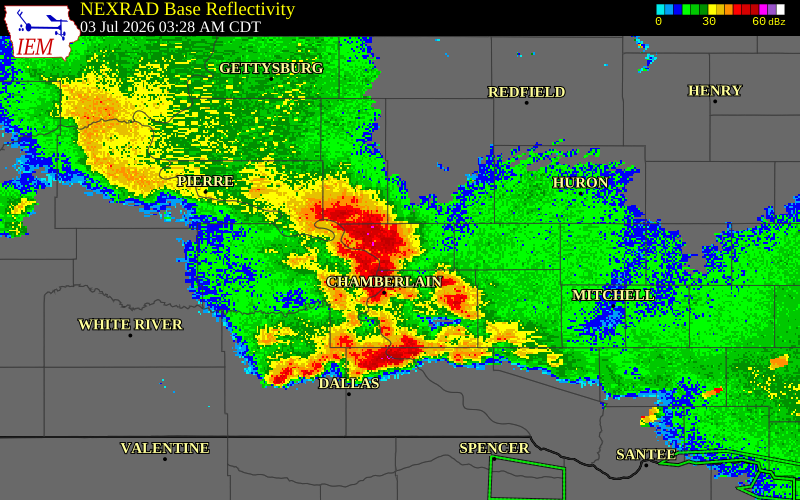 NEXRAD radar during the Friday, July 3, 2026 storm activity in Hand County, South Dakota