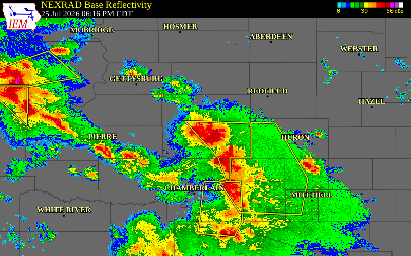 NEXRAD radar during the Saturday, July 25, 2026 storm activity in Hand County, South Dakota