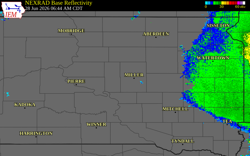 Radar snapshot during the Jun 28, 2026 wind event near 1 N Ree Heights, Hand County, South Dakota, with NWS warning polygons