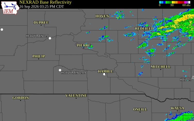 Current NEXRAD radar over Hand County, South Dakota with recent storm report locations