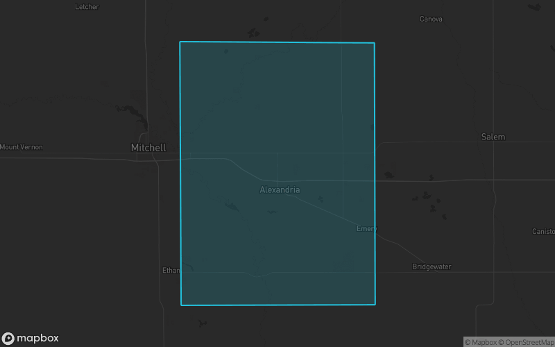Map of Hanson County, South Dakota showing the county boundary and surrounding cities