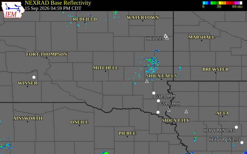 Current NEXRAD radar over Hanson County, South Dakota with recent storm report locations