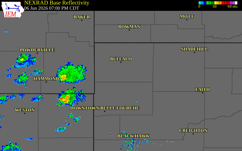NEXRAD radar during the Saturday, June 6, 2026 storm activity in Harding County, South Dakota