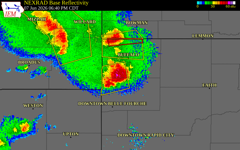 NEXRAD radar during the Sunday, June 7, 2026 storm activity in Harding County, South Dakota