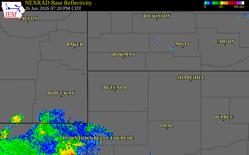 NEXRAD radar during the Friday, June 26, 2026 storm activity in Harding County, South Dakota