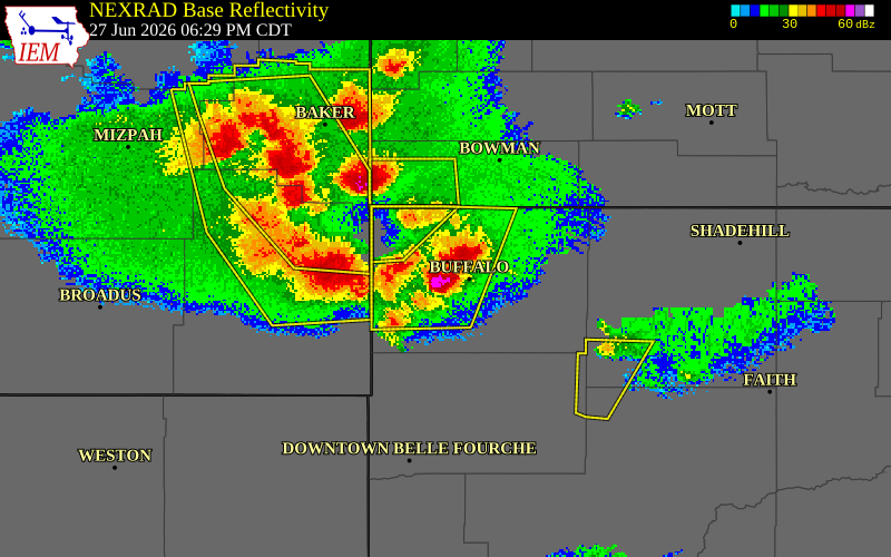 NEXRAD radar during the Saturday, June 27, 2026 storm activity in Harding County, South Dakota
