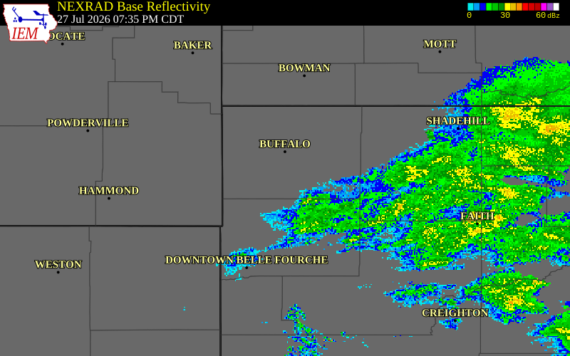NEXRAD radar during the Monday, July 27, 2026 storm activity in Harding County, South Dakota