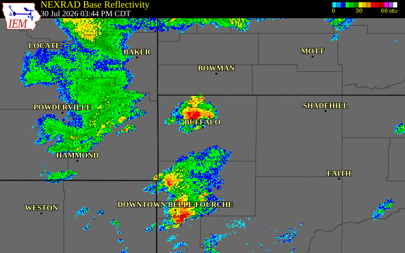 NEXRAD radar during the Thursday, July 30, 2026 storm activity in Harding County, South Dakota