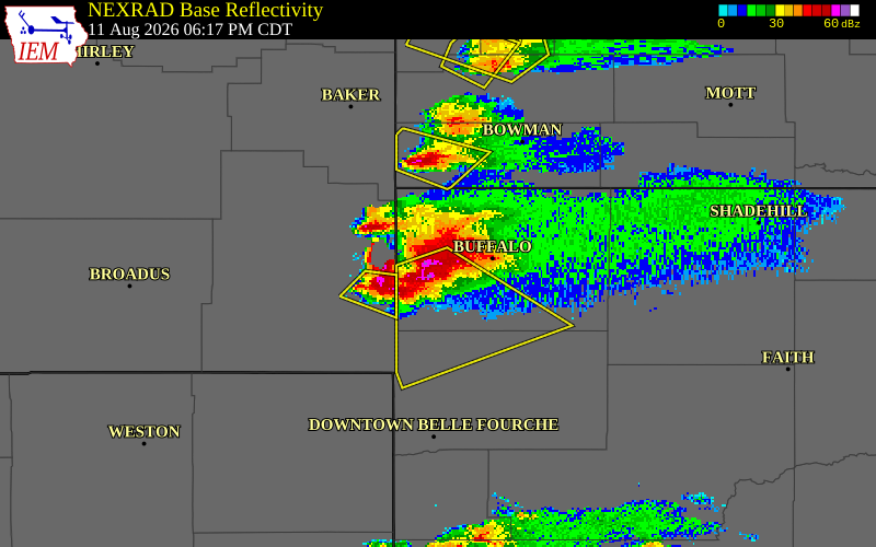 NEXRAD radar during the Tuesday, August 11, 2026 storm activity in Harding County, South Dakota