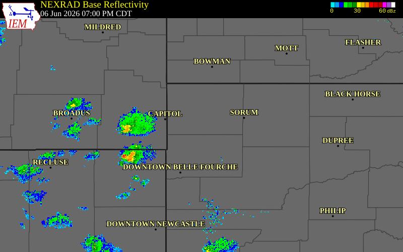 Radar snapshot during the Jun 6, 2026 hail event near 5 N Redig, Harding County, South Dakota, with NWS warning polygons
