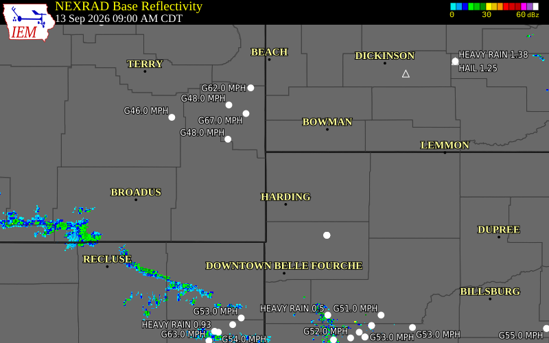 Current NEXRAD radar over Harding County, South Dakota with recent storm report locations