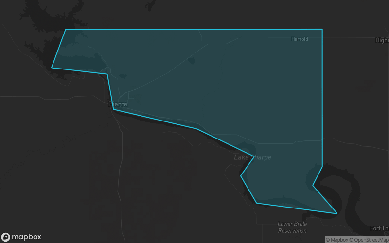 Map of Hughes County, South Dakota showing the county boundary and surrounding cities