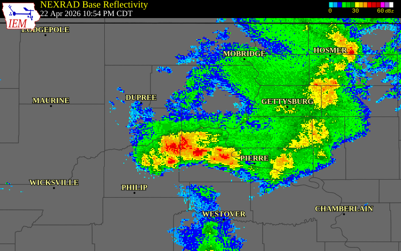 NEXRAD radar during the Wednesday, April 22, 2026 storm activity in Hughes County, South Dakota