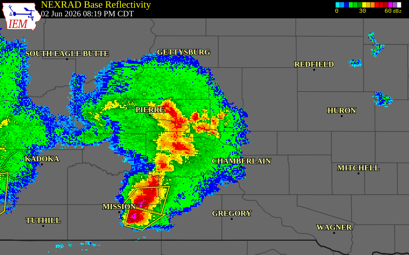NEXRAD radar during the Tuesday, June 2, 2026 storm activity in Hughes County, South Dakota