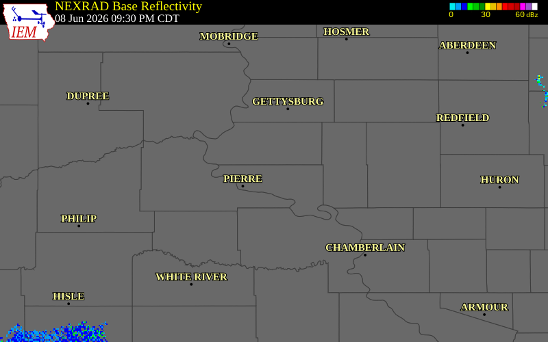 NEXRAD radar during the Monday, June 8, 2026 storm activity in Hughes County, South Dakota