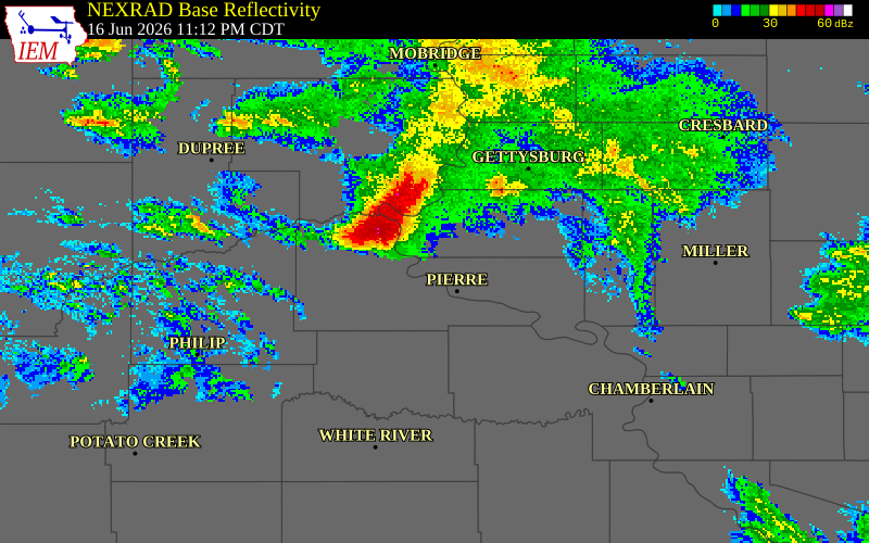 NEXRAD radar during the Tuesday, June 16, 2026 storm activity in Hughes County, South Dakota