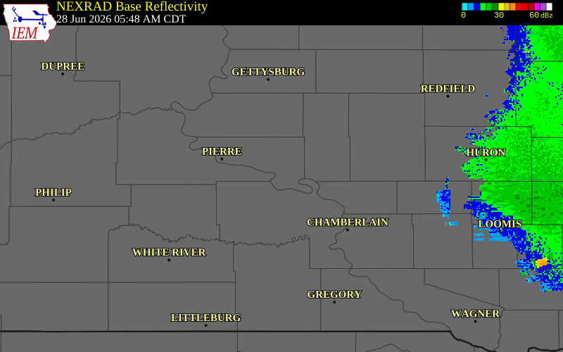 NEXRAD radar during the Sunday, June 28, 2026 storm activity in Hughes County, South Dakota