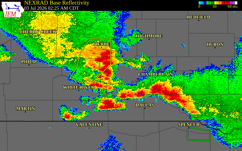 NEXRAD radar during the Friday, July 3, 2026 storm activity in Hughes County, South Dakota