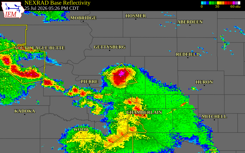 NEXRAD radar during the Saturday, July 25, 2026 storm activity in Hughes County, South Dakota