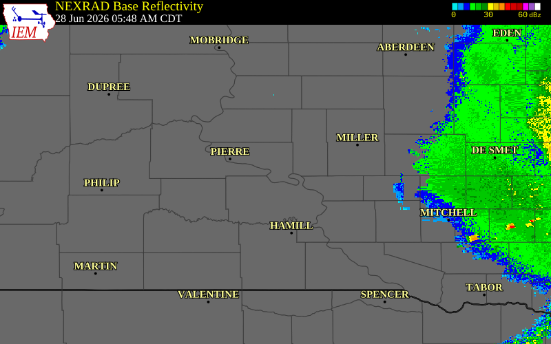 Radar snapshot during the Jun 28, 2026 wind event near 7 NNW Joe Creek Rec Are, Hughes County, South Dakota, with NWS warning polygons