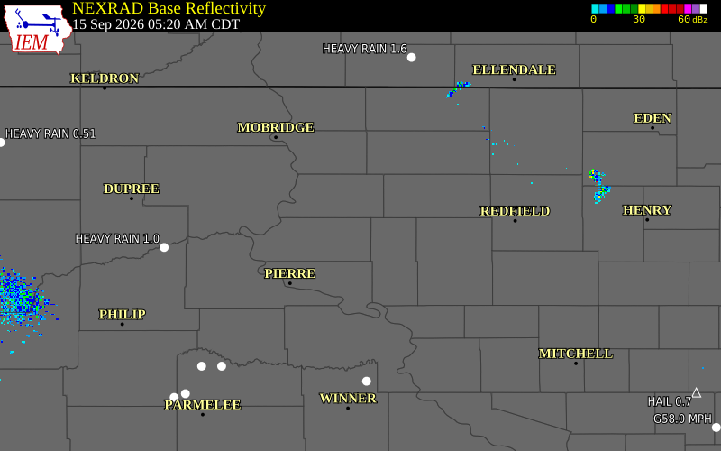 Current NEXRAD radar over Hughes County, South Dakota with recent storm report locations