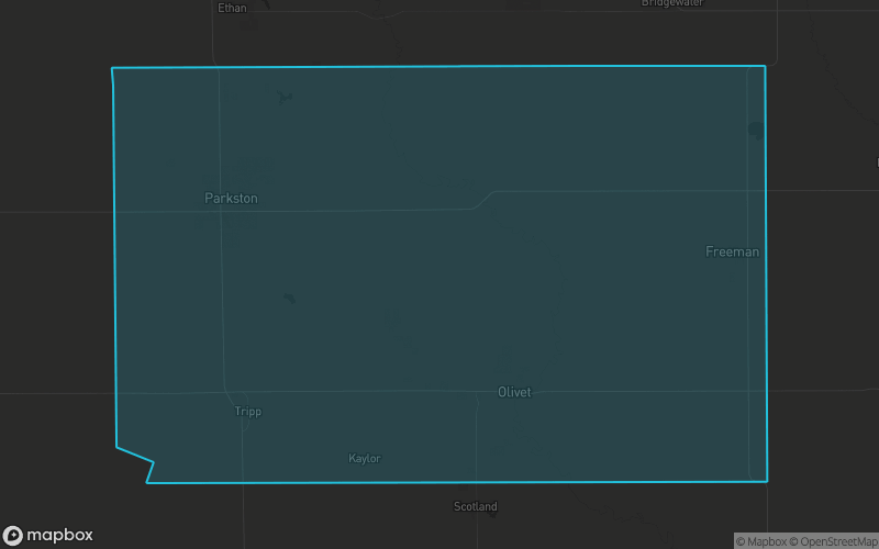 Map of Hutchinson County, South Dakota showing the county boundary and surrounding cities