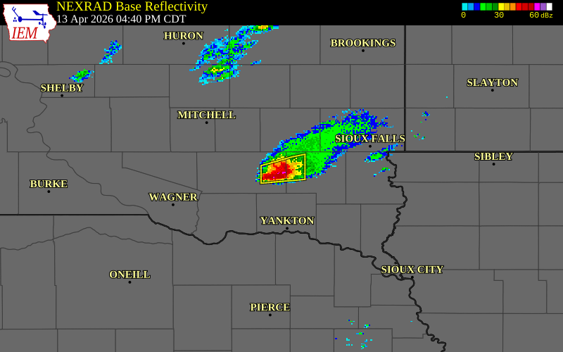NEXRAD radar during the Monday, April 13, 2026 storm activity in Hutchinson County, South Dakota
