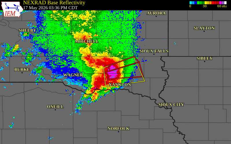 NEXRAD radar during the Sunday, May 17, 2026 storm activity in Hutchinson County, South Dakota
