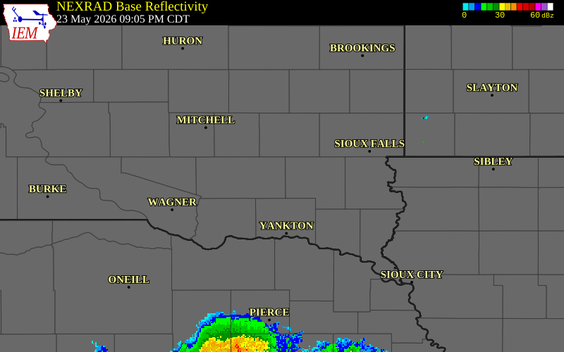 NEXRAD radar during the Saturday, May 23, 2026 storm activity in Hutchinson County, South Dakota
