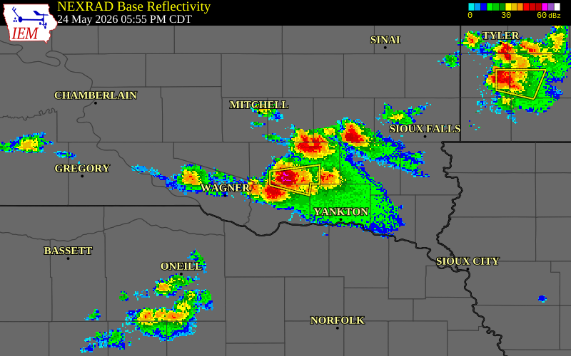 NEXRAD radar during the Sunday, May 24, 2026 storm activity in Hutchinson County, South Dakota