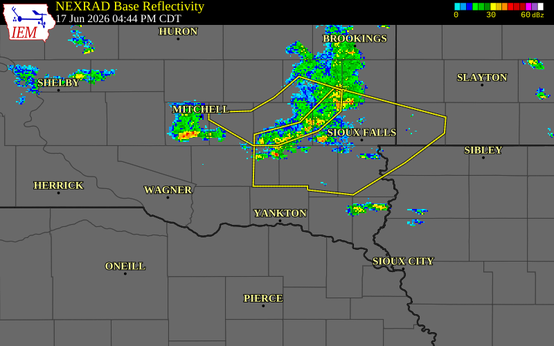 NEXRAD radar during the Wednesday, June 17, 2026 storm activity in Hutchinson County, South Dakota