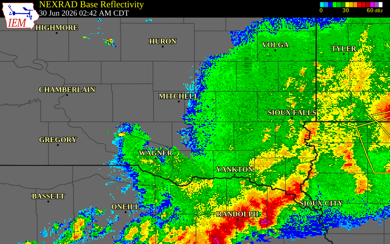 NEXRAD radar during the Tuesday, June 30, 2026 storm activity in Hutchinson County, South Dakota