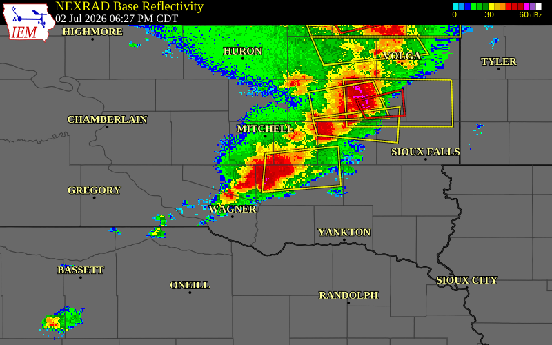 NEXRAD radar during the Thursday, July 2, 2026 storm activity in Hutchinson County, South Dakota