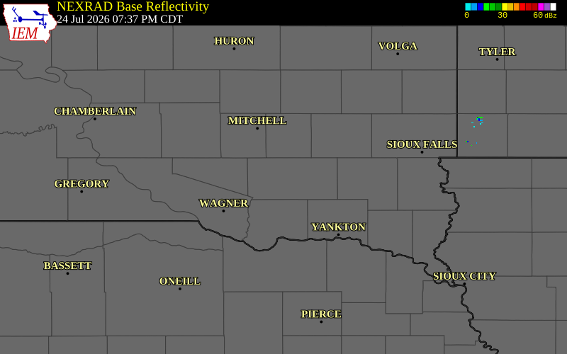 NEXRAD radar during the Friday, July 24, 2026 storm activity in Hutchinson County, South Dakota