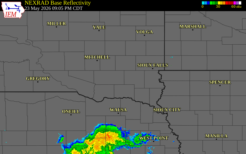 Radar snapshot during the May 23, 2026 hail event near Freeman, Hutchinson County, South Dakota, with NWS warning polygons