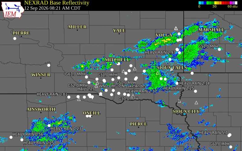 Current NEXRAD radar over Hutchinson County, South Dakota with recent storm report locations