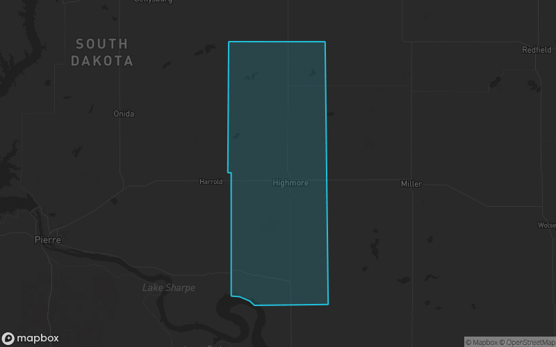 Map of Hyde County, South Dakota showing the county boundary and surrounding cities