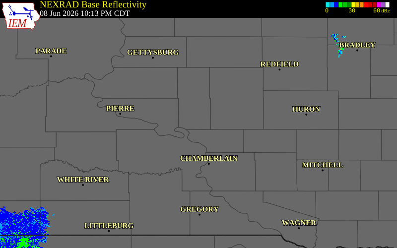 NEXRAD radar during the Monday, June 8, 2026 storm activity in Hyde County, South Dakota