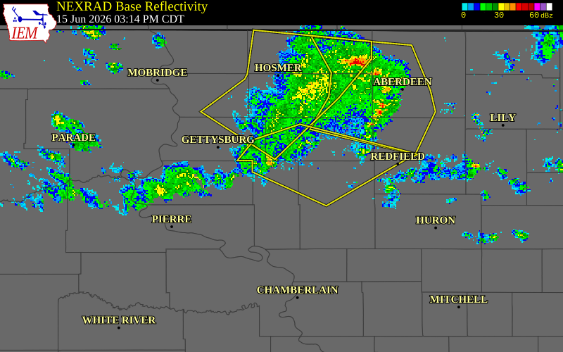 NEXRAD radar during the Monday, June 15, 2026 storm activity in Hyde County, South Dakota