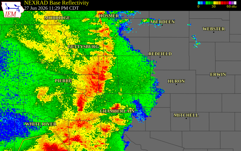 NEXRAD radar during the Saturday, June 27, 2026 storm activity in Hyde County, South Dakota