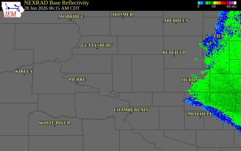 NEXRAD radar during the Sunday, June 28, 2026 storm activity in Hyde County, South Dakota