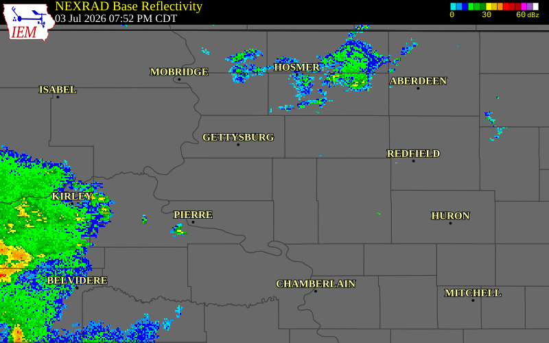 NEXRAD radar during the Friday, July 3, 2026 storm activity in Hyde County, South Dakota