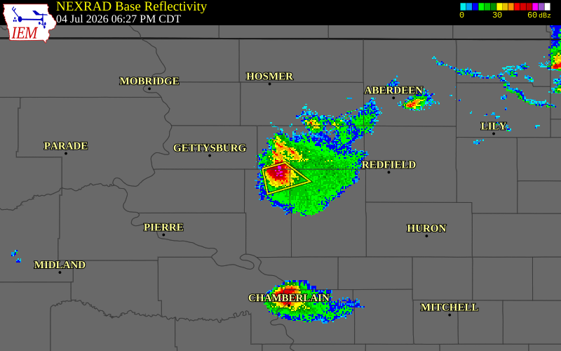 NEXRAD radar during the Saturday, July 4, 2026 storm activity in Hyde County, South Dakota