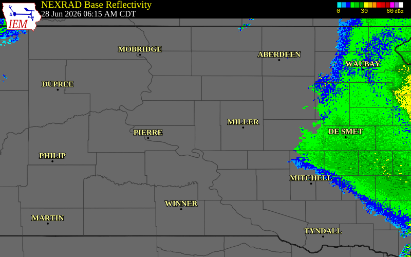 Radar snapshot during the Jun 28, 2026 wind event near 4 ESE Holabird, Hyde County, South Dakota, with NWS warning polygons