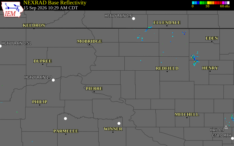 Current NEXRAD radar over Hyde County, South Dakota with recent storm report locations