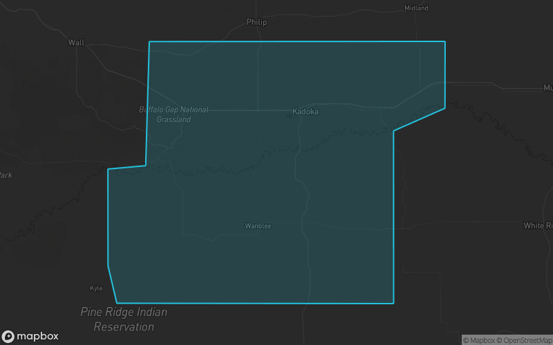 Map of Jackson County, South Dakota showing the county boundary and surrounding cities