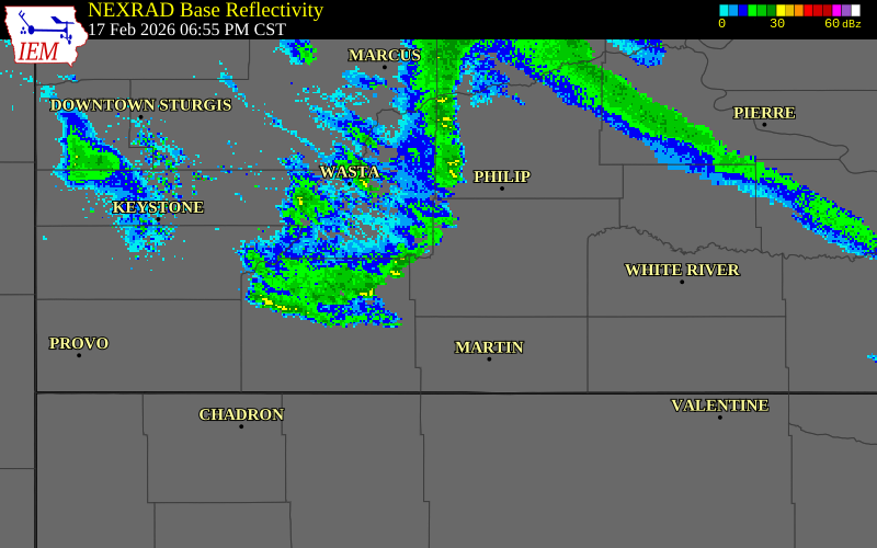 NEXRAD radar during the Tuesday, February 17, 2026 storm activity in Jackson County, South Dakota