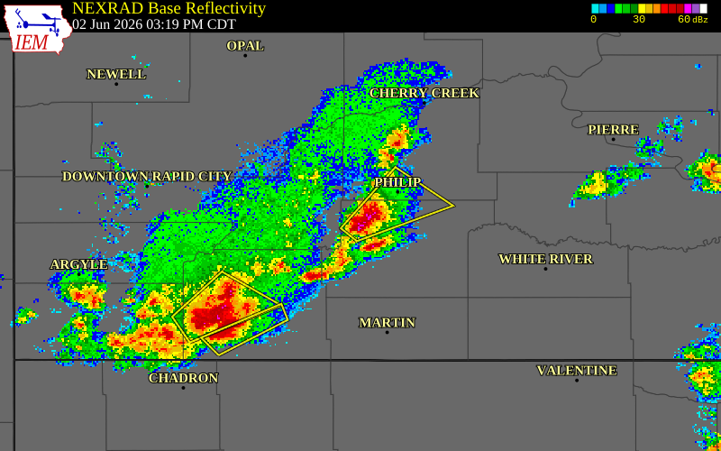 NEXRAD radar during the Tuesday, June 2, 2026 storm activity in Jackson County, South Dakota