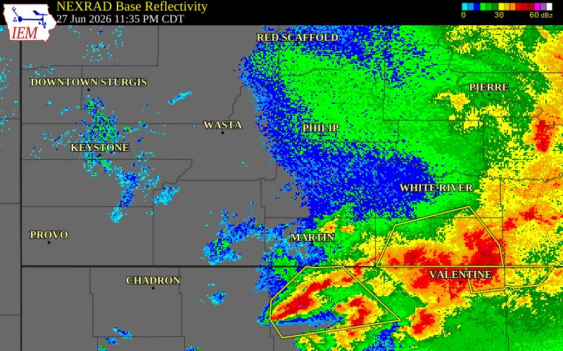 NEXRAD radar during the Saturday, June 27, 2026 storm activity in Jackson County, South Dakota